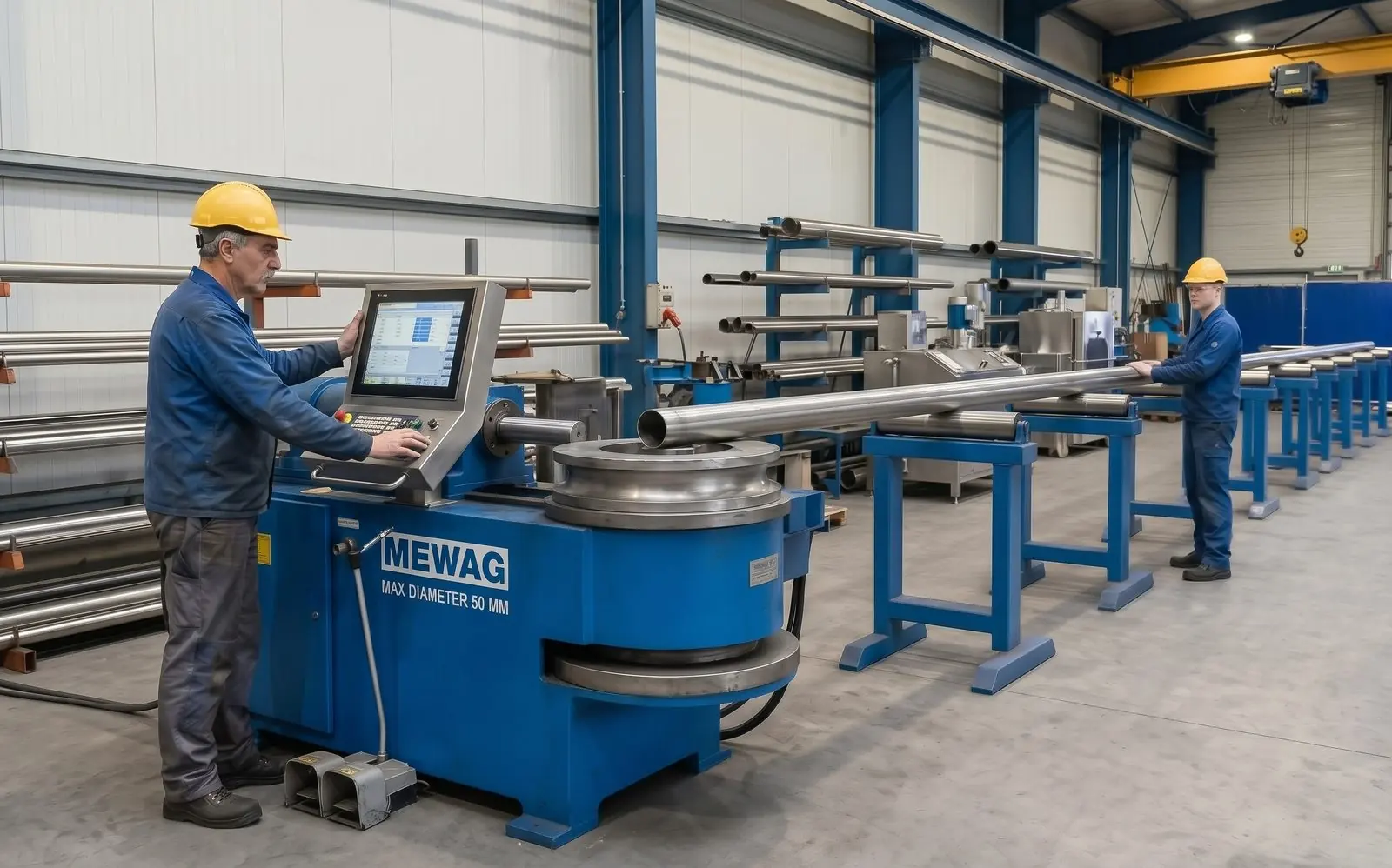 Hydraulische Rohrbiegemaschine MEWAG beim Biegen eines Edelstahlrohrs