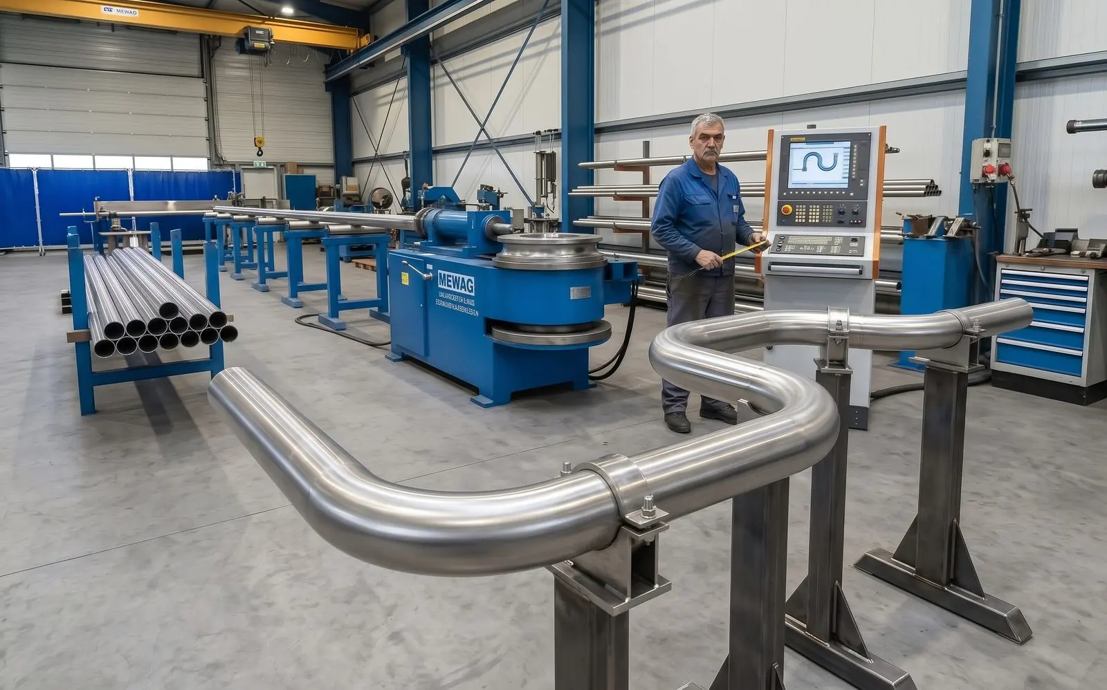 Bent stainless steel pipe on stands, with the tube bending machine in the background