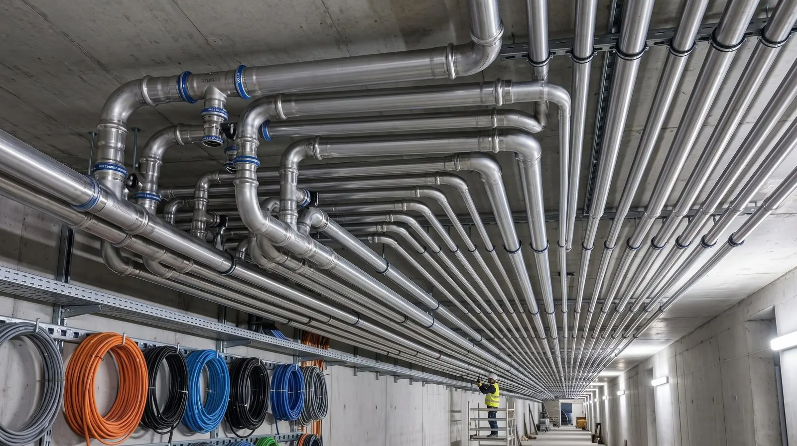 Rohrleitungen aus Edelstahl mit Pressverbindungen an einer Betondecke