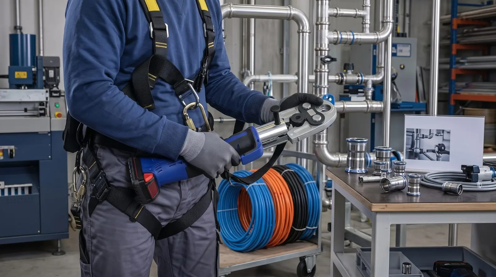 Fitter with a pressing tool and stainless steel press fittings