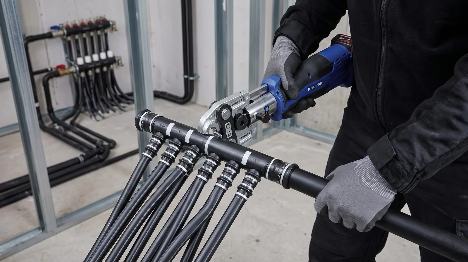 Pressing a fitting onto a multilayer pipe with the pressing tool